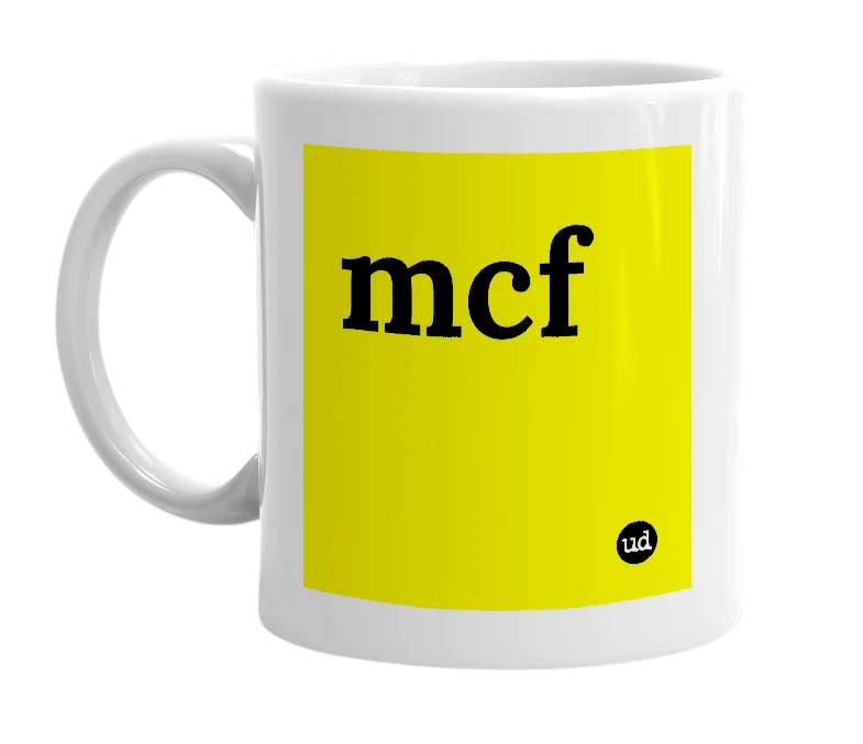 White mug with 'mcf' in bold black letters