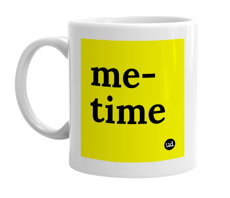 White mug with 'me-time' in bold black letters