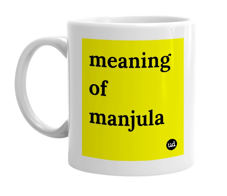 White mug with 'meaning of manjula' in bold black letters