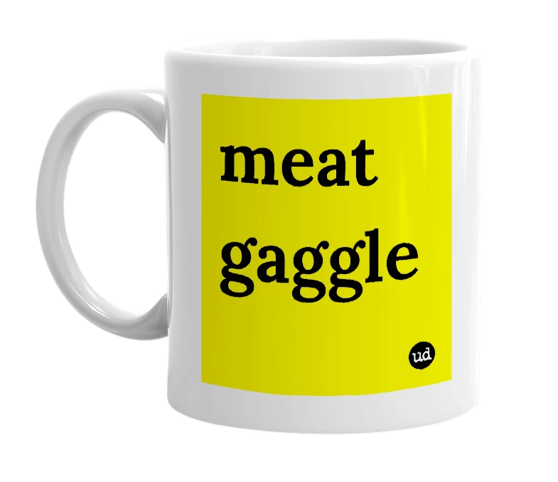 White mug with 'meat gaggle' in bold black letters