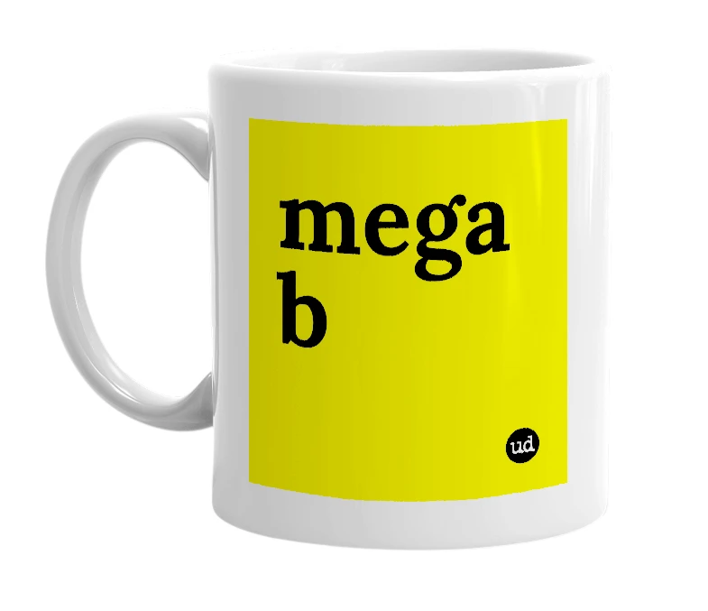 White mug with 'mega b' in bold black letters