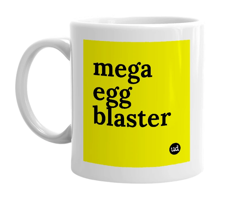 White mug with 'mega egg blaster' in bold black letters