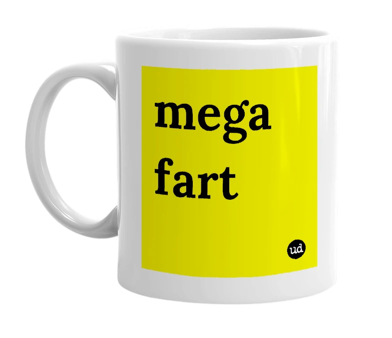 White mug with 'mega fart' in bold black letters