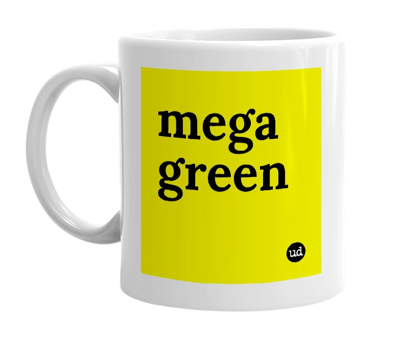 White mug with 'mega green' in bold black letters