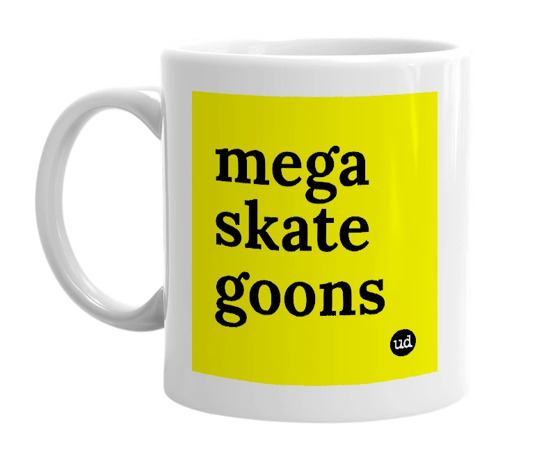White mug with 'mega skate goons' in bold black letters