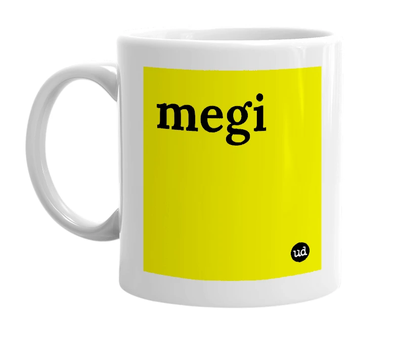 White mug with 'megi' in bold black letters