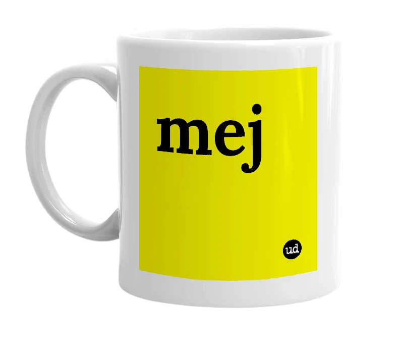 White mug with 'mej' in bold black letters