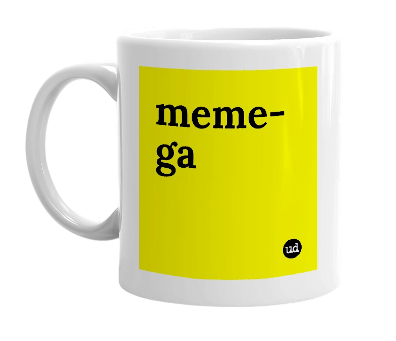 White mug with 'meme-ga' in bold black letters