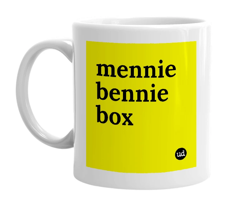 White mug with 'mennie bennie box' in bold black letters