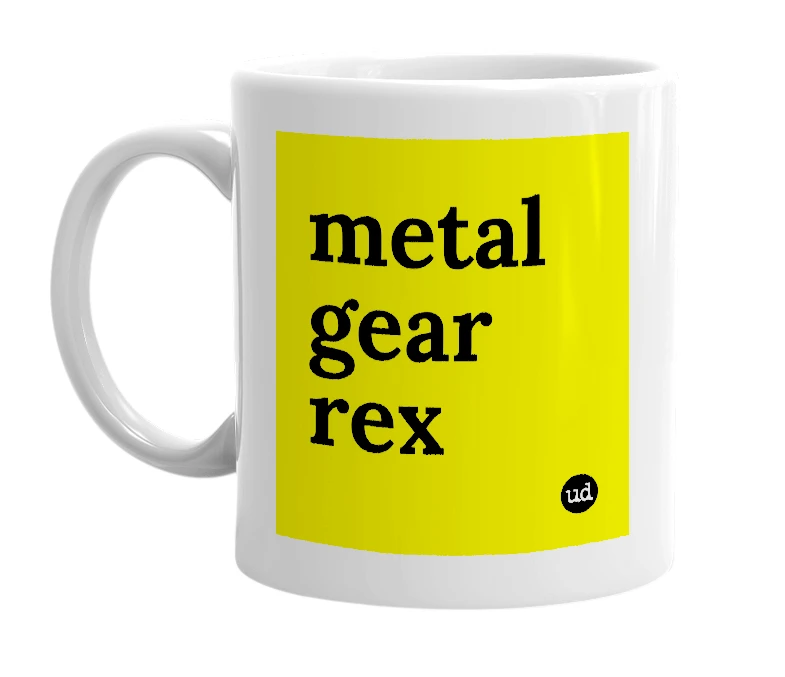 White mug with 'metal gear rex' in bold black letters