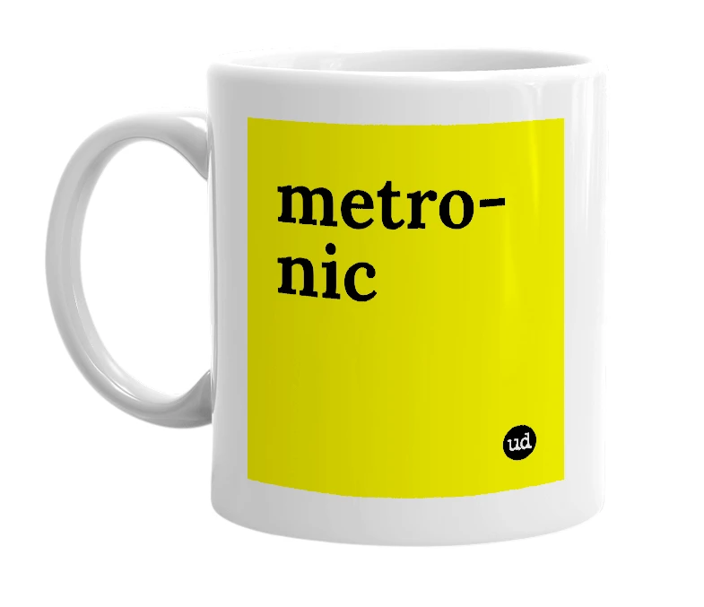 White mug with 'metro-nic' in bold black letters