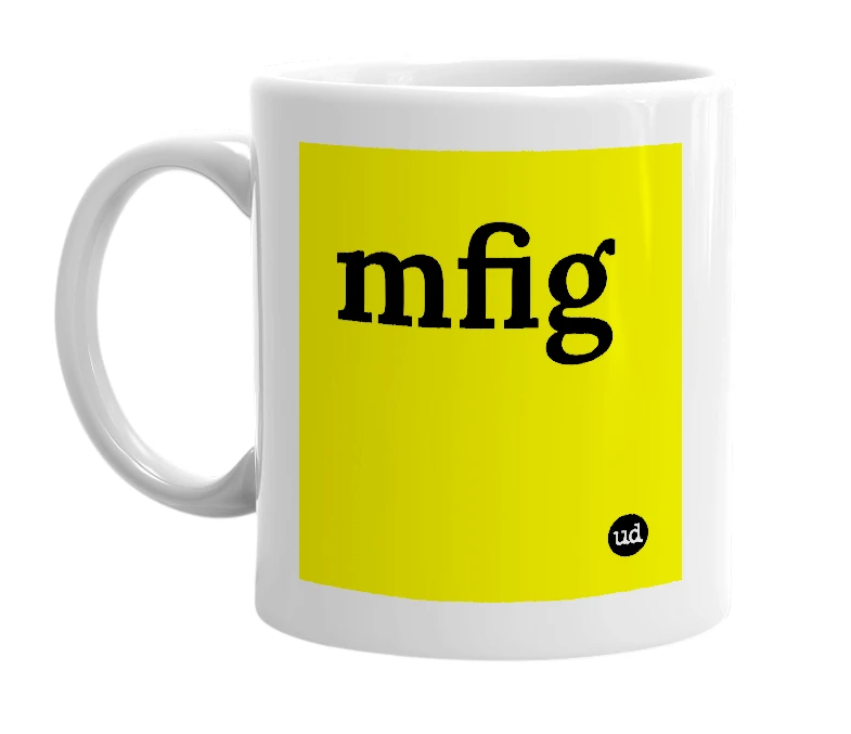 White mug with 'mfig' in bold black letters