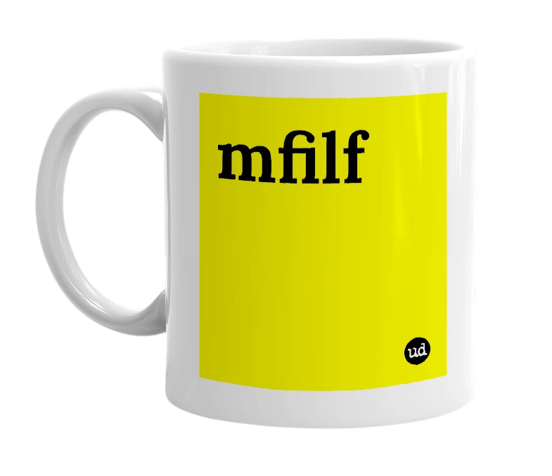 White mug with 'mfilf' in bold black letters