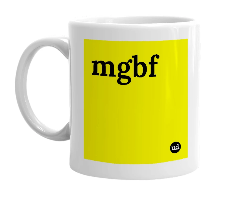 White mug with 'mgbf' in bold black letters
