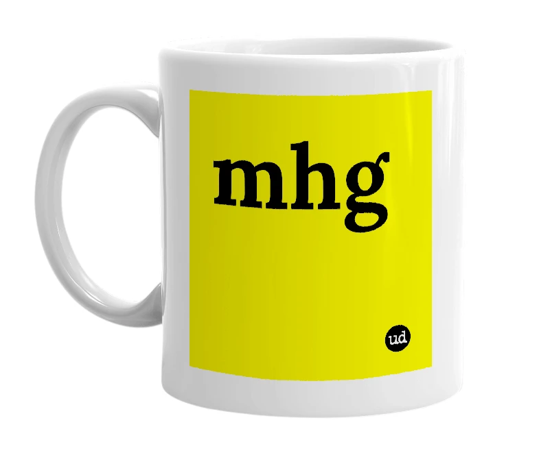 White mug with 'mhg' in bold black letters