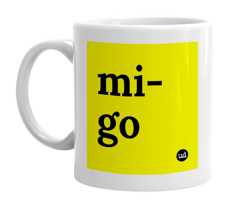 White mug with 'mi-go' in bold black letters