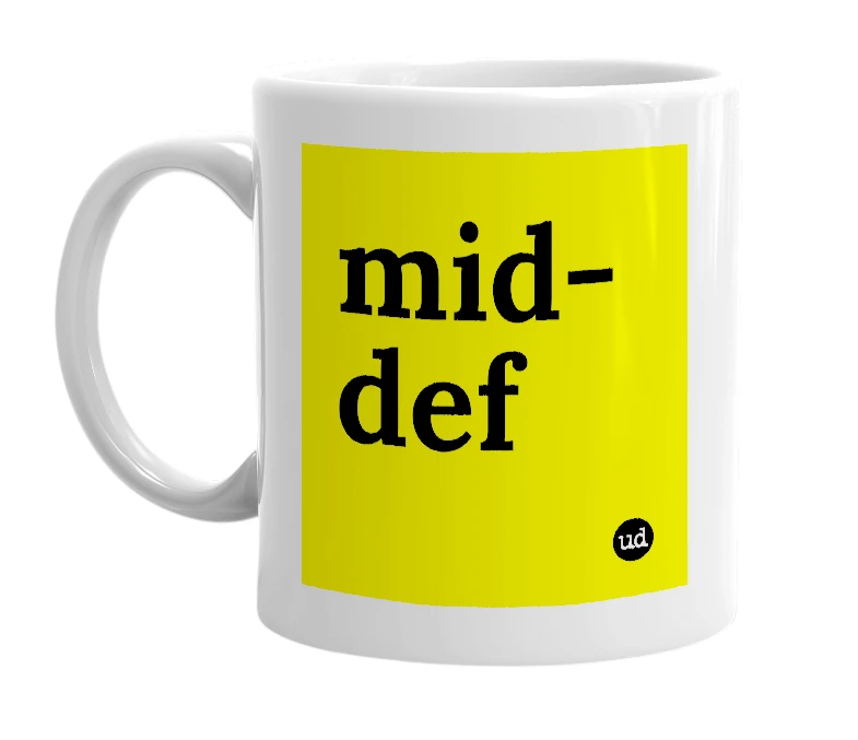 White mug with 'mid-def' in bold black letters