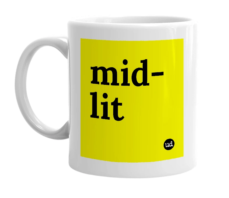 White mug with 'mid-lit' in bold black letters