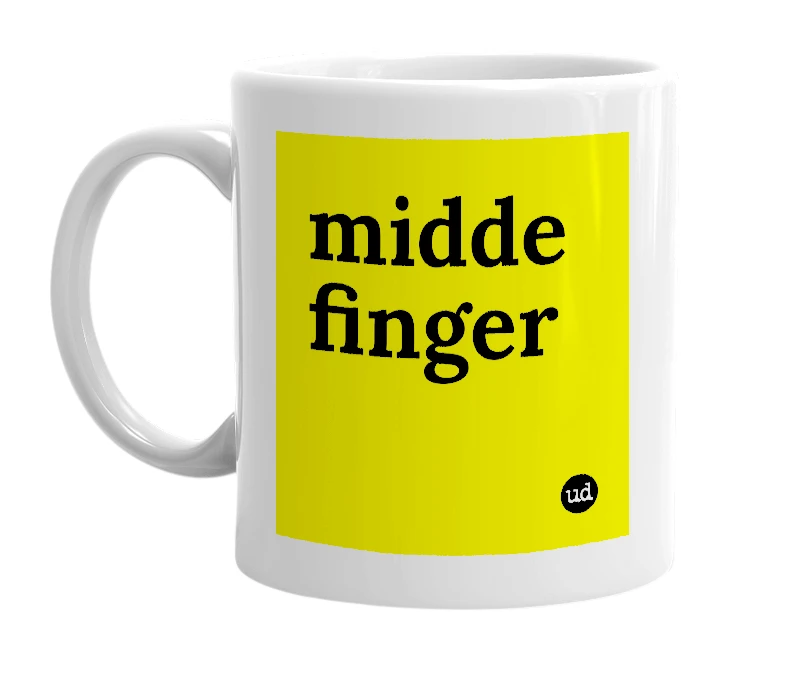 White mug with 'midde finger' in bold black letters