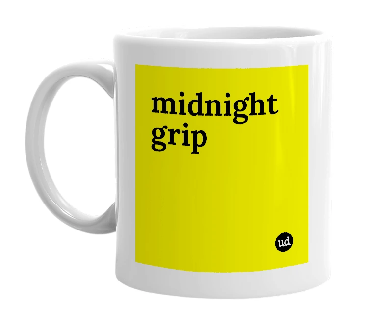 White mug with 'midnight grip' in bold black letters