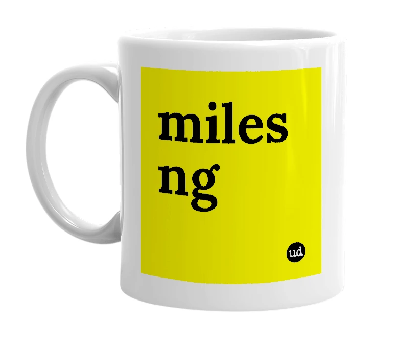White mug with 'miles ng' in bold black letters