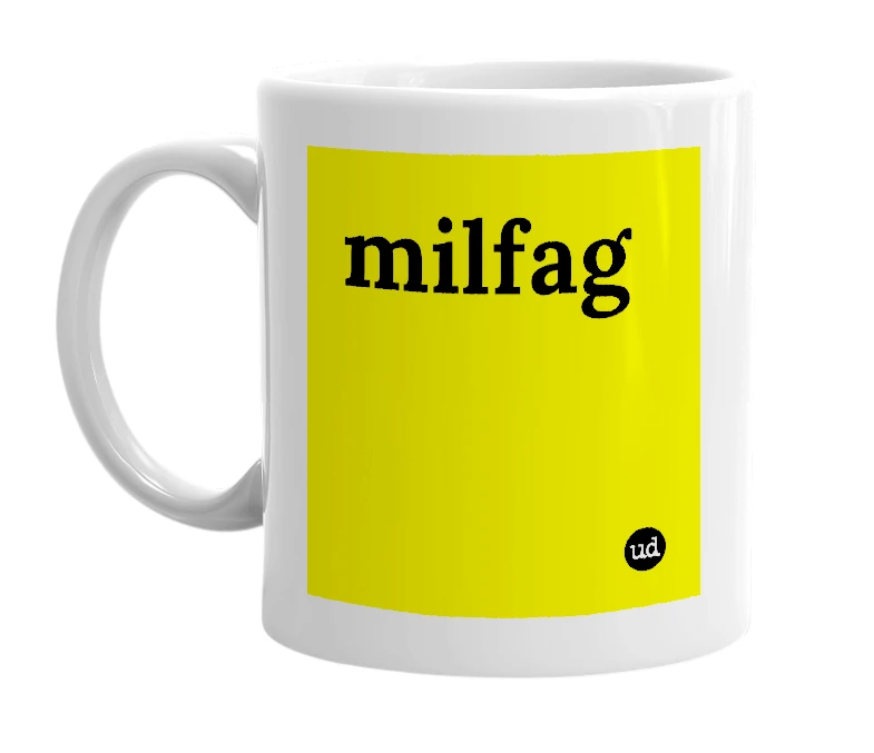 White mug with 'milfag' in bold black letters