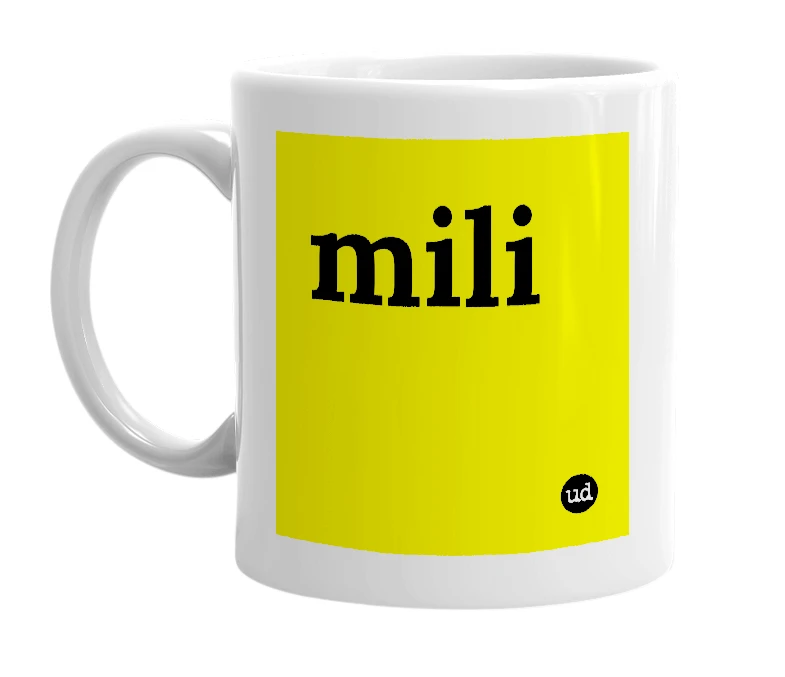 White mug with 'mili' in bold black letters