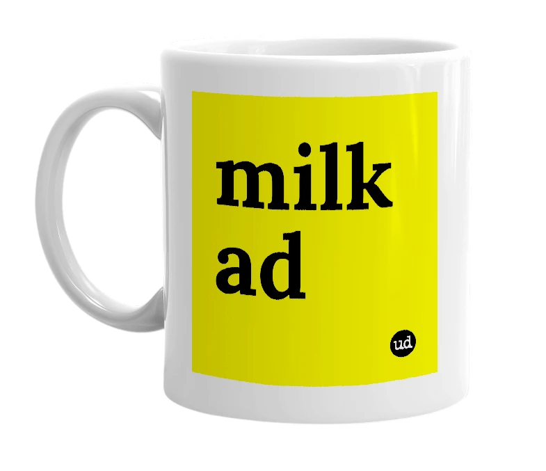 White mug with 'milk ad' in bold black letters