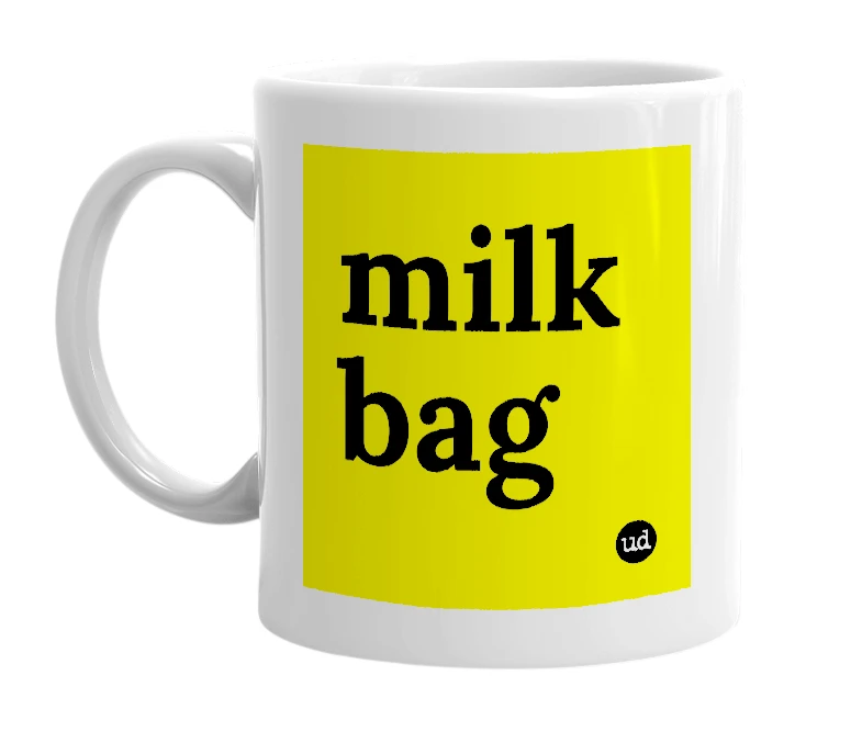 White mug with 'milk bag' in bold black letters