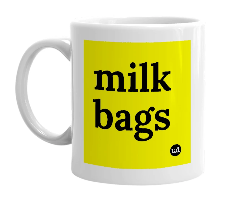 White mug with 'milk bags' in bold black letters