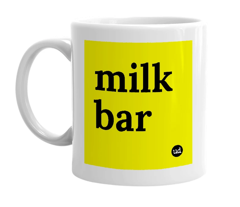 White mug with 'milk bar' in bold black letters