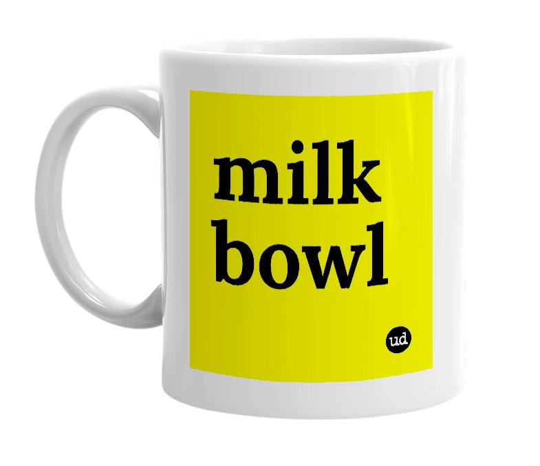 White mug with 'milk bowl' in bold black letters