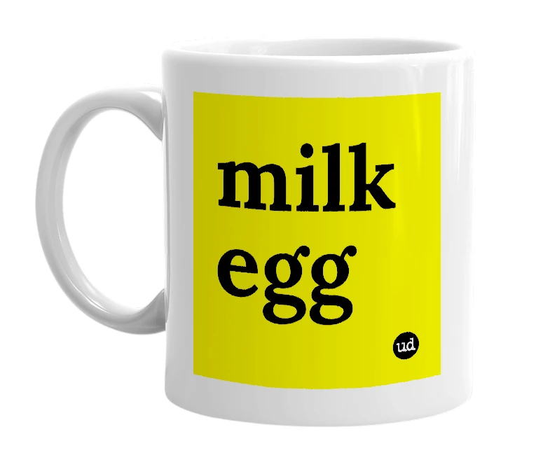 White mug with 'milk egg' in bold black letters