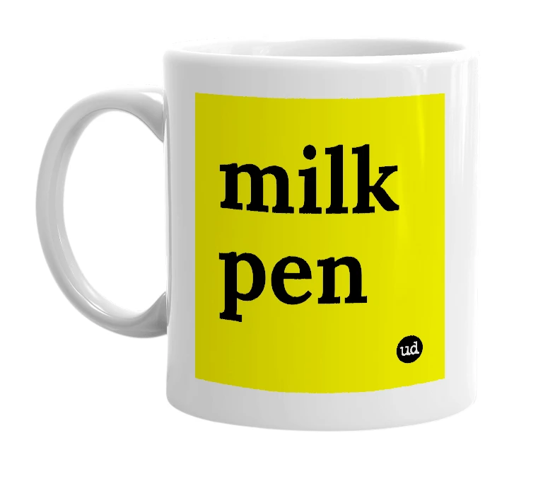 White mug with 'milk pen' in bold black letters