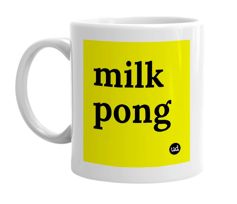 White mug with 'milk pong' in bold black letters