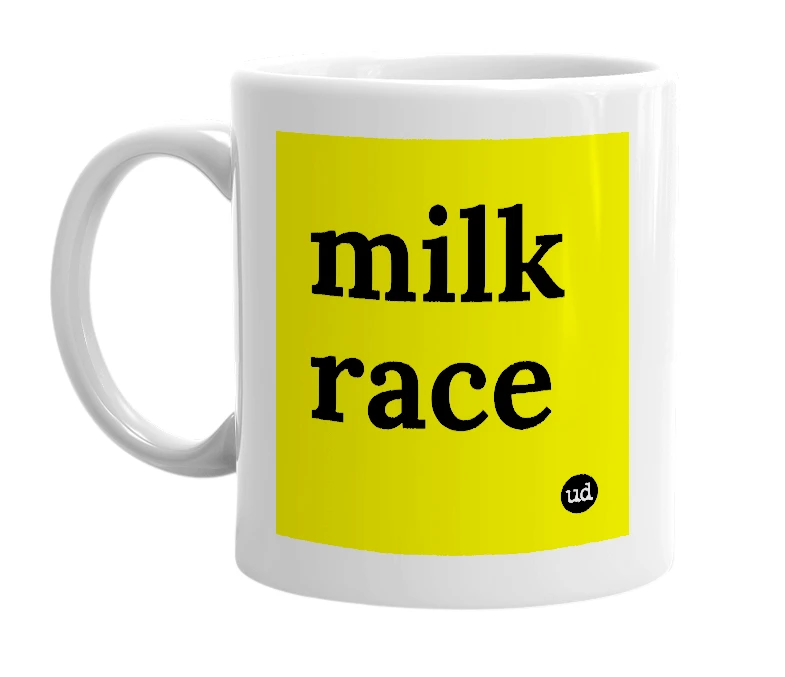 White mug with 'milk race' in bold black letters
