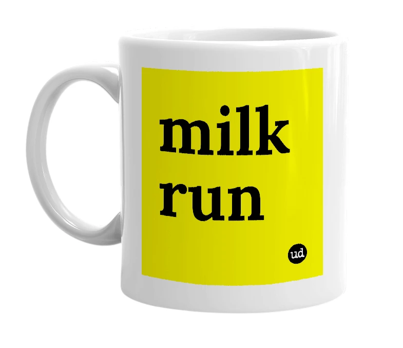White mug with 'milk run' in bold black letters