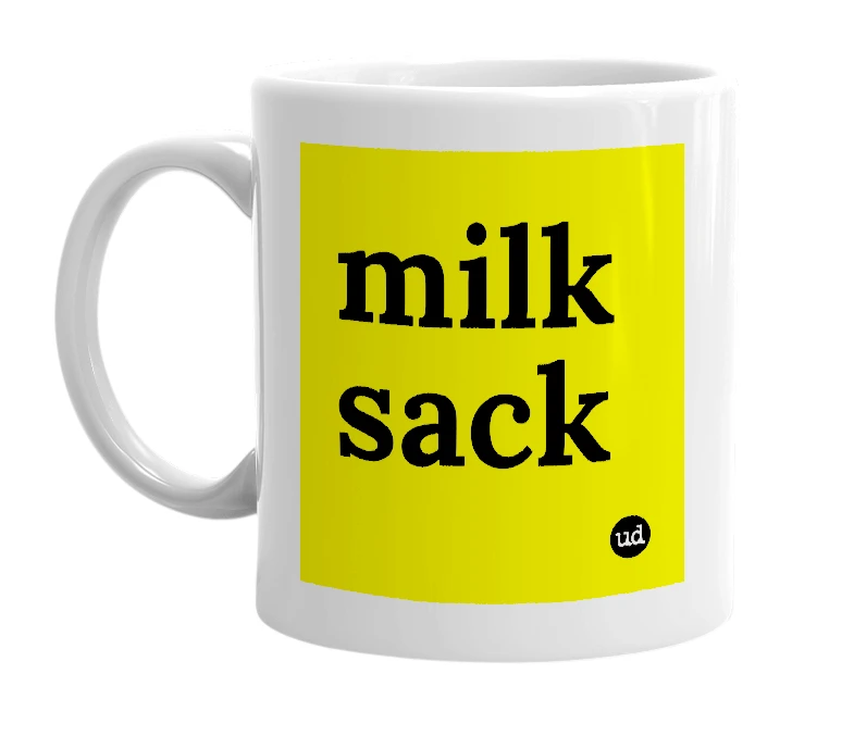 White mug with 'milk sack' in bold black letters