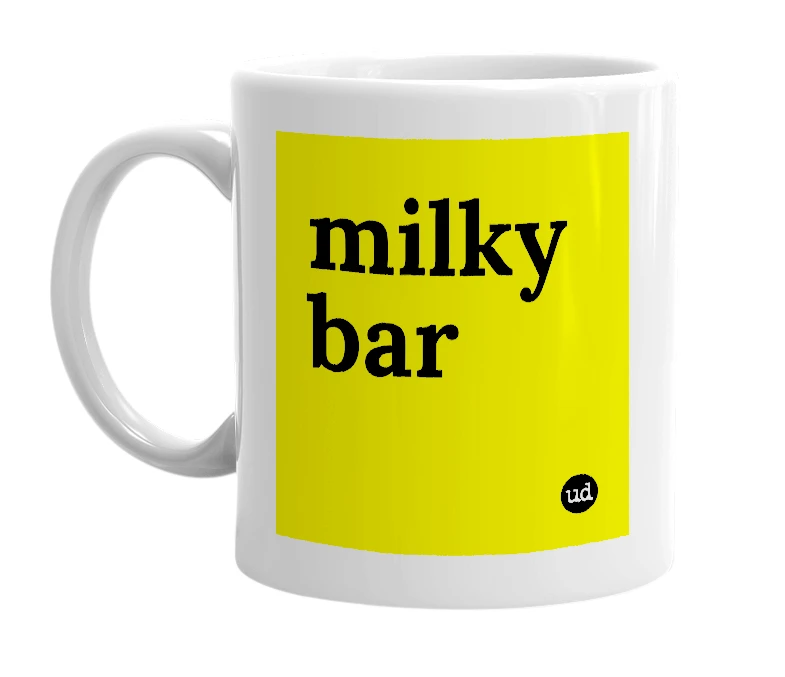 White mug with 'milky bar' in bold black letters