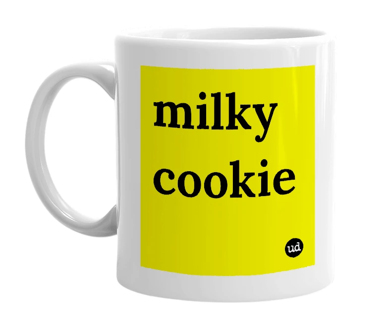 White mug with 'milky cookie' in bold black letters