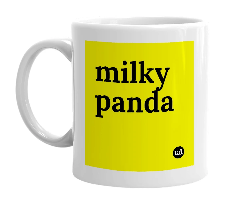 White mug with 'milky panda' in bold black letters
