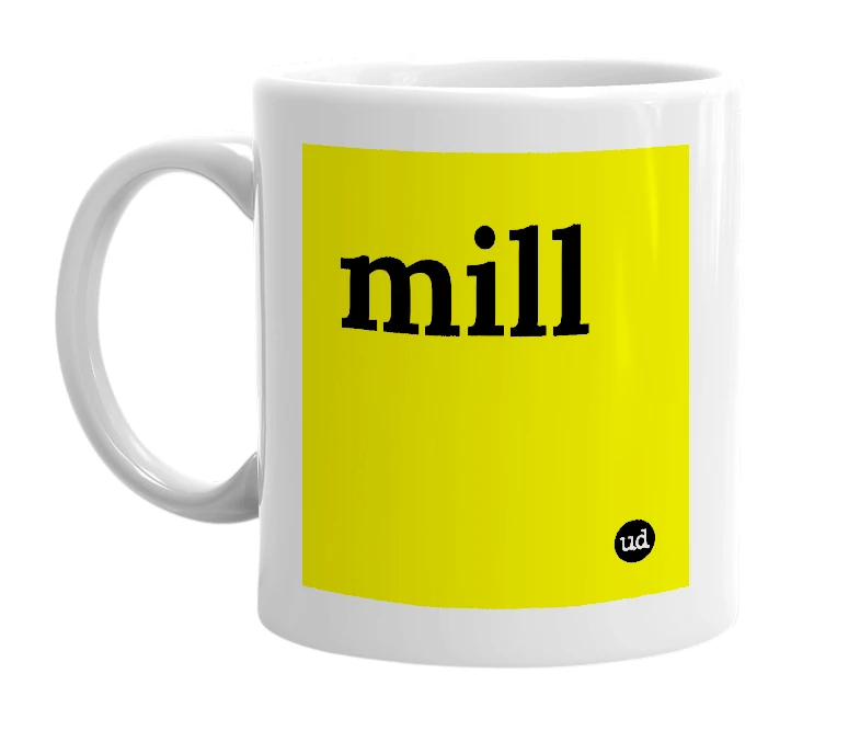 White mug with 'mill' in bold black letters