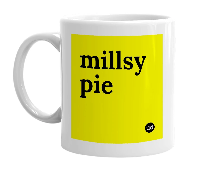 White mug with 'millsy pie' in bold black letters