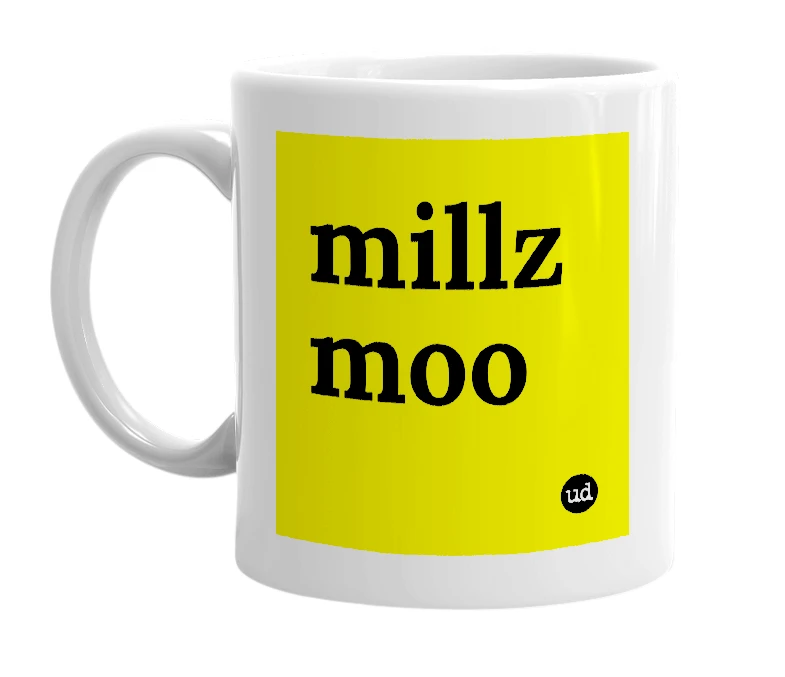 White mug with 'millz moo' in bold black letters