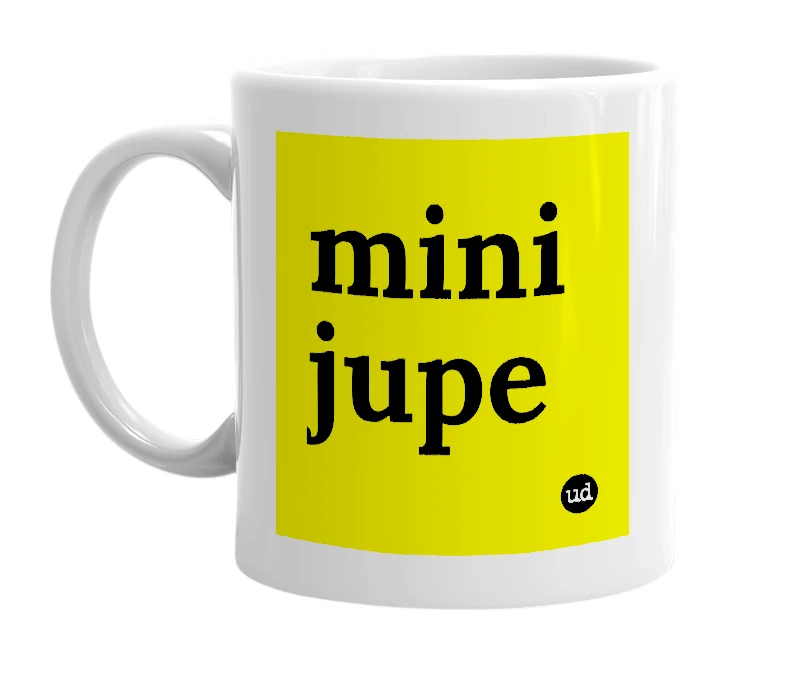 White mug with 'mini jupe' in bold black letters