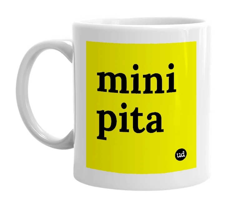 White mug with 'mini pita' in bold black letters
