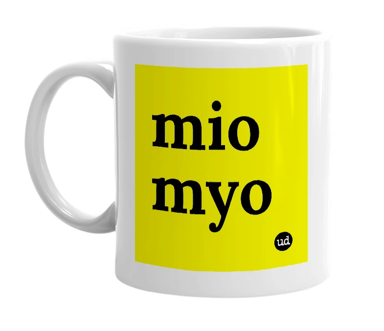 White mug with 'mio myo' in bold black letters