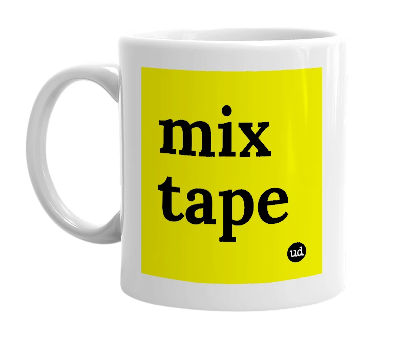 White mug with 'mix tape' in bold black letters