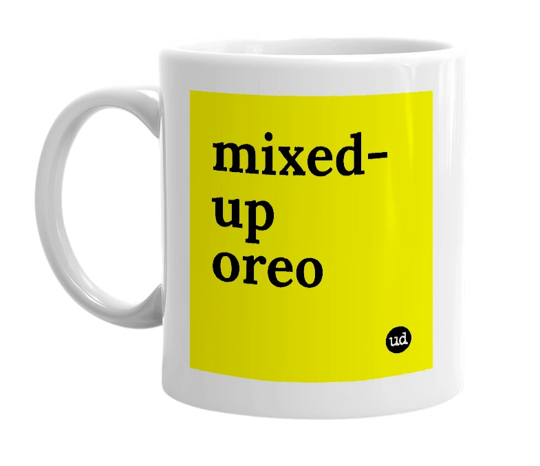 White mug with 'mixed-up oreo' in bold black letters