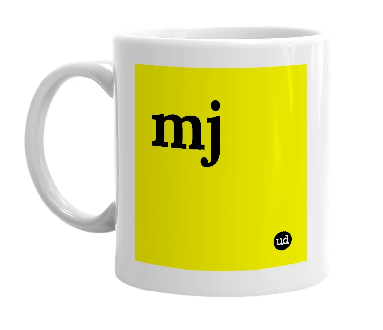 White mug with 'mj' in bold black letters